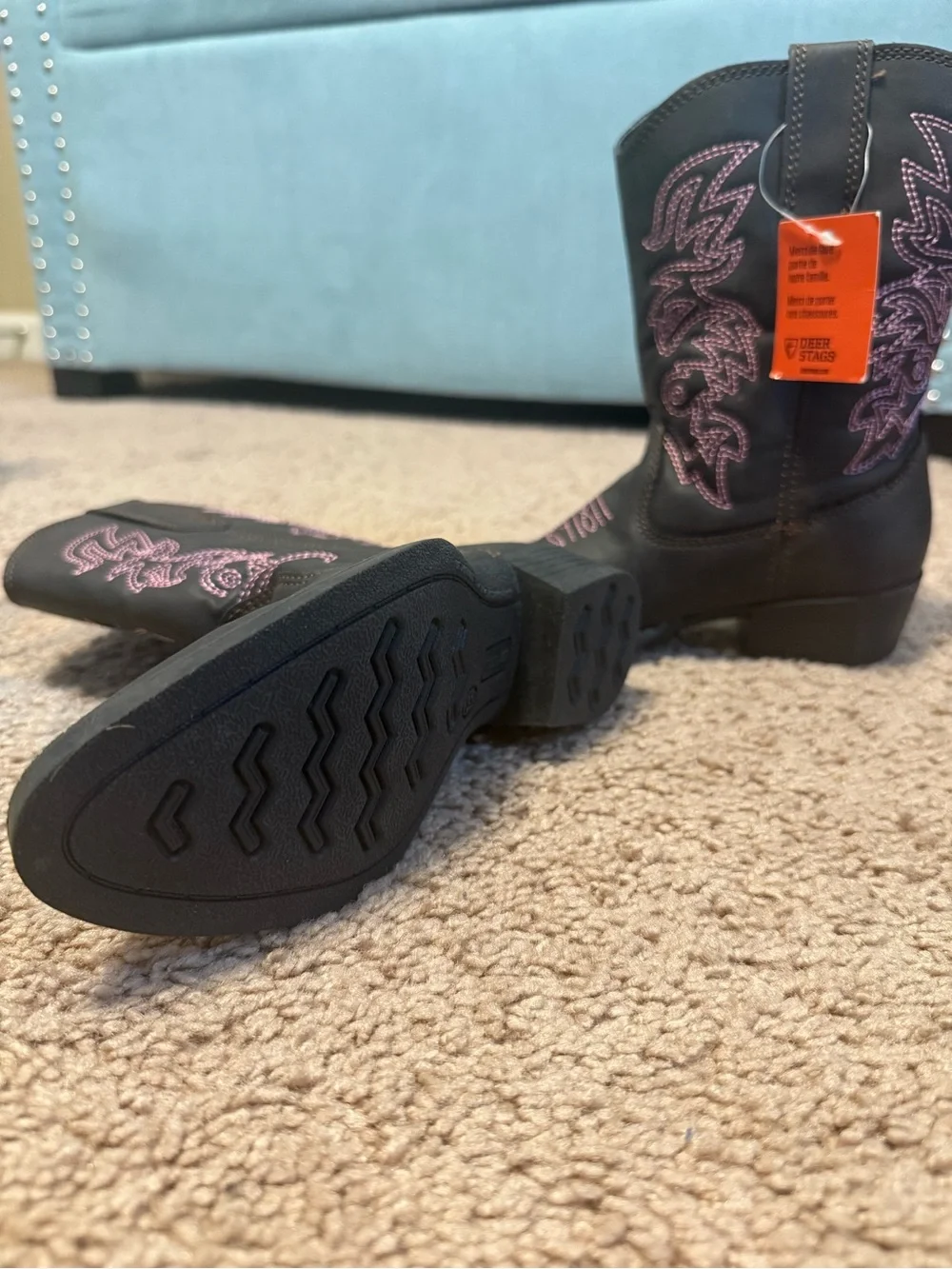 Deer Stags Black Mid-Calf Western Boots with Pink Stitching